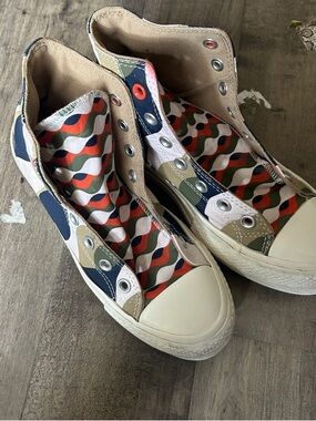 Converse High Top Sneakers with Navy, Beige, Red, Green Wave Pattern